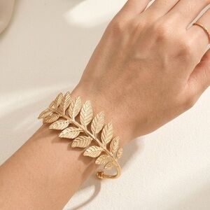 Gold Tone Greek Laurel Leaf Cuff Bracelet | Adjustable Open Bracelet